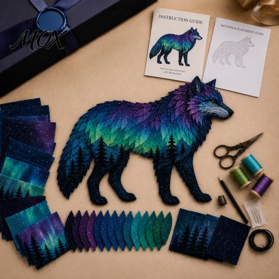 Fabric Patchwork Kit Northern Lights Wildlife Kit, DIY Animal Craft Unique Handmade Gift for Crafters Sewing Project Adults, Home Decor Relaxing