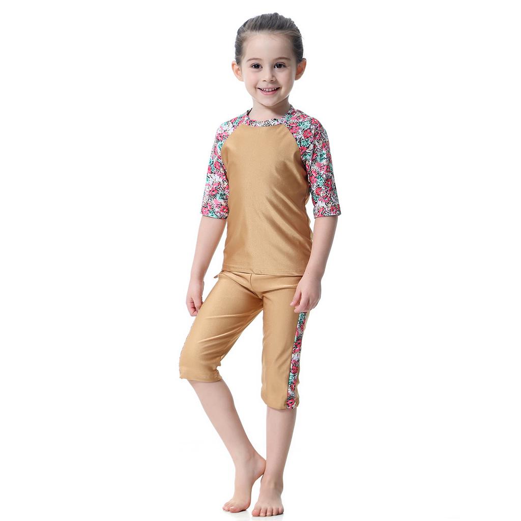 Three-Piece Swimsuit Girls Short Sleeve Print Floral Swimming Suit for Kids Swimwear Baby Children Swimming Bathing Suit with Cap