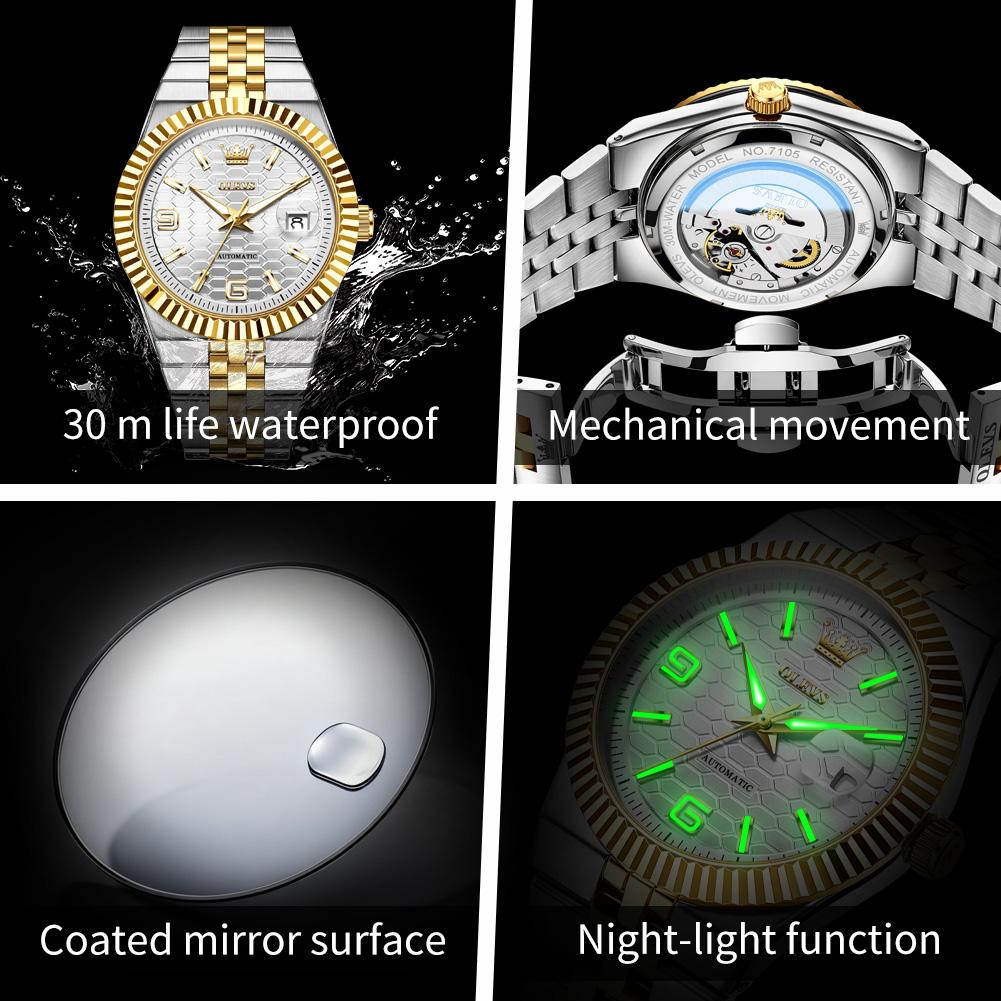 OLEVS Luxury Brand Automatic Man Watch Original Stainless Steel Waterproof Luminous Date Business Mechanical Men's Watches 7105