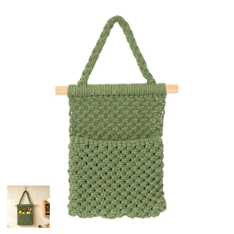 Braided Rope Wall Storage Pocket with Two Open Sections and Wooden Dowel for Bathroom Closet Entryway and Home Use