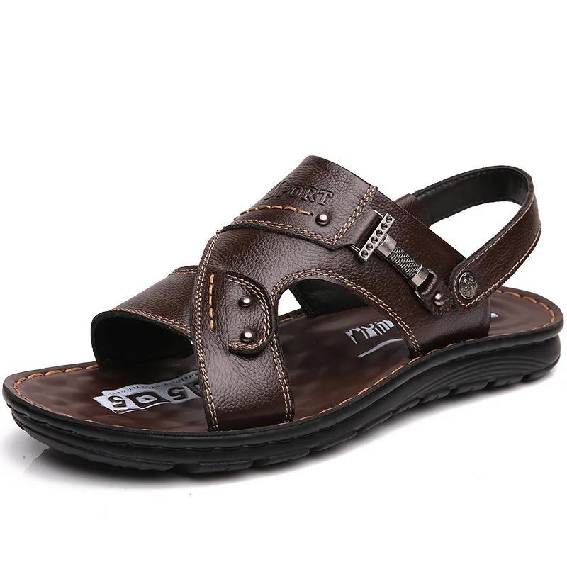 Men's Summer New Sandals Men's Leather Sandals Adult Thick-soled Beach Shoes Non-slip Open-toed Sandals Men's Slippers Outdoor