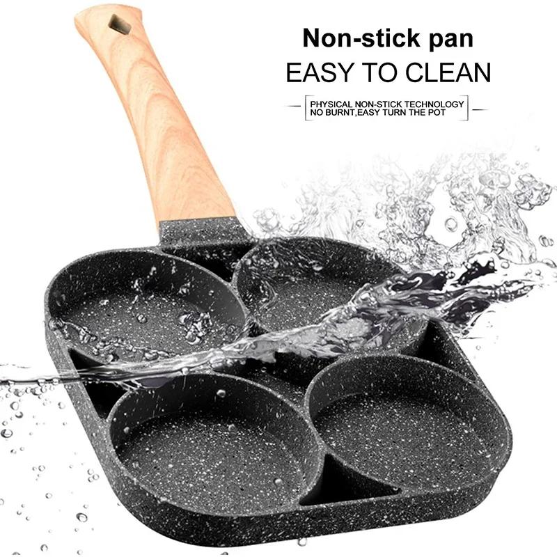 Egg Frying Pan Non Stick 4-Cup Burger Steak Pancake Sausage Omelet Breakfast Cooker Pan with Long Handle Cooking Tool