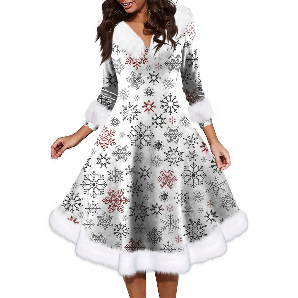 Женское модное повседневное платье с v-образным вырезом и рождественским принтом для вечеринки с длинными рукавами