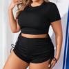 Women's Plus Size Two Piece Conservative Bikini Set Solid Drawstring Swimsuit Blouson Tops And High Waist Shorts Bathing Suits