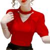 Женские летние стильные блузки, рубашки, женские модные повседневные пышные блузки с короткими рукавами и круглым вырезом, однотонные жемчужные блузки, топы