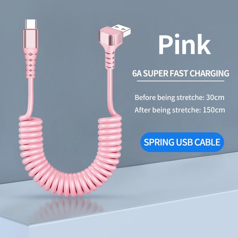 1.5M Coiled USB-C Type C 5A Fast Charging Data Cable 90 Right Angle Retractable Pure Copper Mobile Phone Cord for