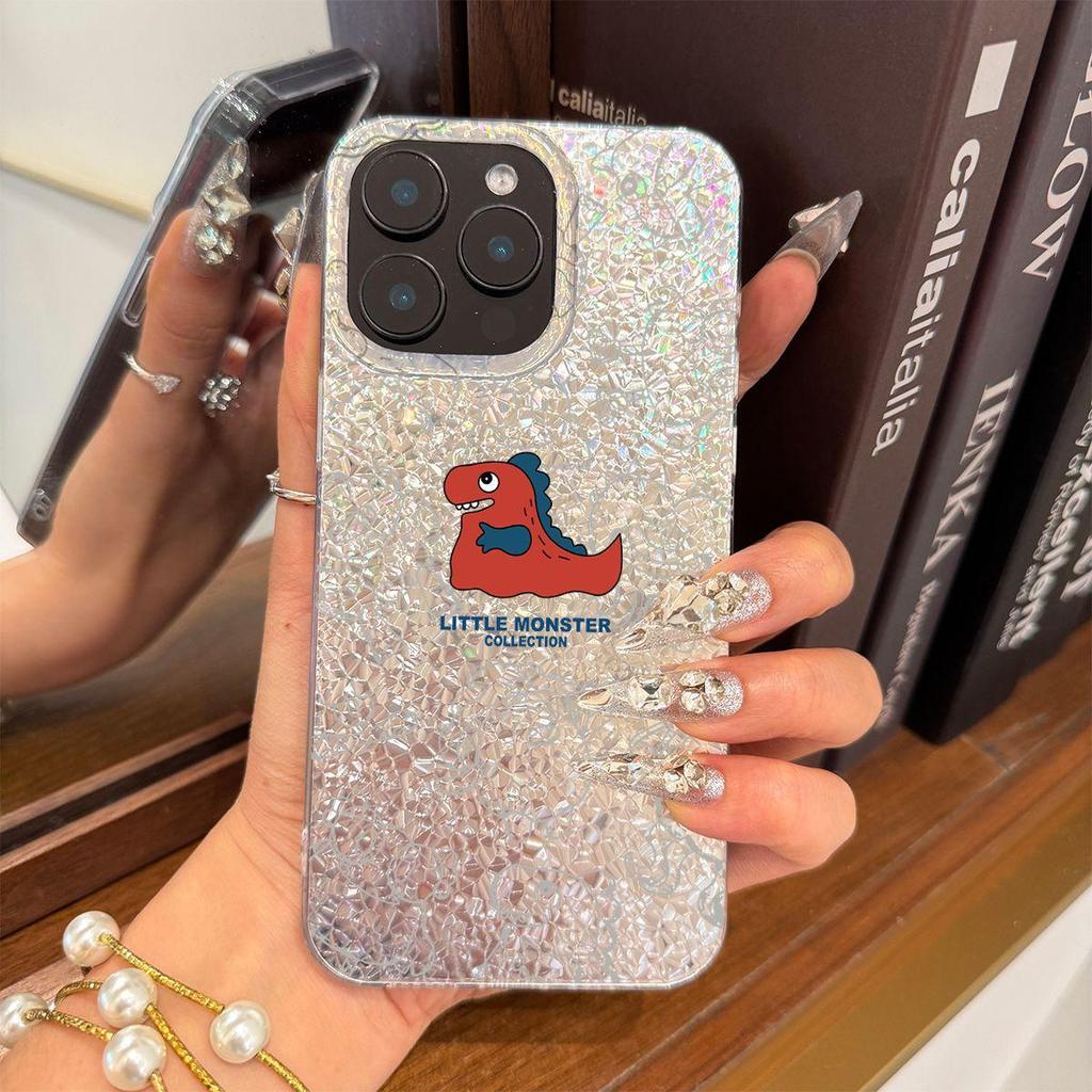 Чехол для iphone Air 18 Pro Max 17 Pro XR 13 12 16 Plus 11 15 14 XS Max Серебристый Блеск Трескающийся Фон Милый Маленький Динозавр