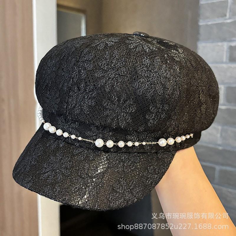 Womens Lace Mesh Octagonal Hat With Chain Or Pearl Trim Breathable Cap Face Slimming Stylish Artist