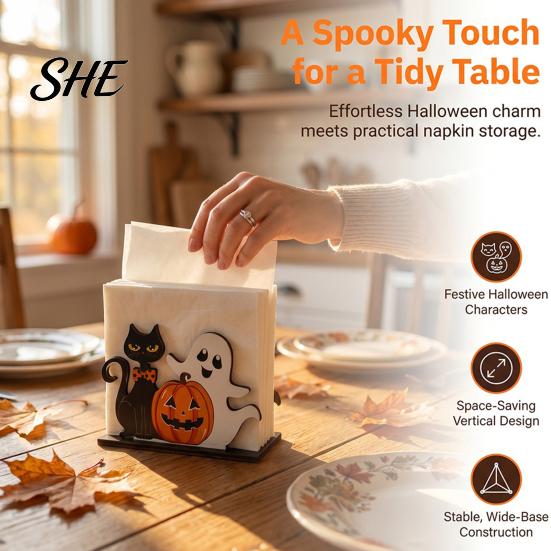 Halloween Gift for Party Lovers Ghost Wooden Napkin Holder, Cute Paper Towel Decorative Rustic Wood Tissue Organizer Stand, Freestanding Dispenser