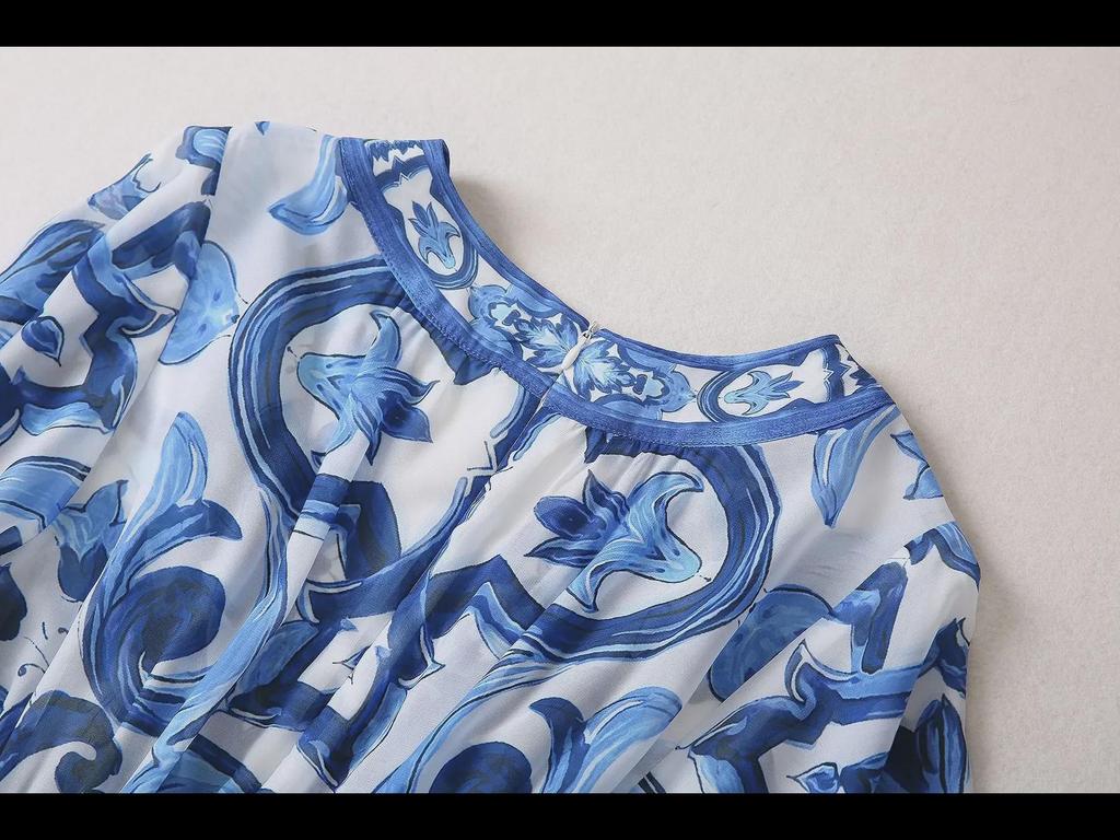 European & American Women's Chiffon Silk V-Neck Floral Print Maxi Dress