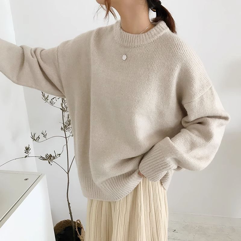 Autumn Winter Simplicity Loose Solid Color Knitwear Women Vintage Office Lady Sweater All-match Casual Knitting Tops