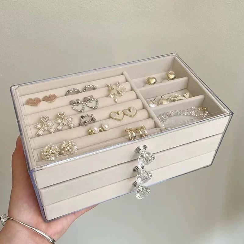 Velvet Stud Earrings Storage Box Three Layer Jewelry Organizer Dust Proof Drawer Design for Accessories Dressing Jewelry Box