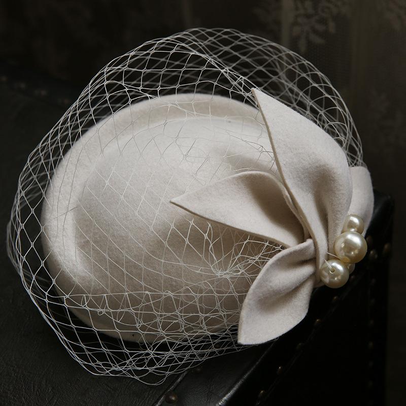Pure Wool Felt Fascinator Wedding Hat Pillbox Hat for Women Cocktail Party Vintage Lady Winter Solid Beret Hat Hostesses Cap