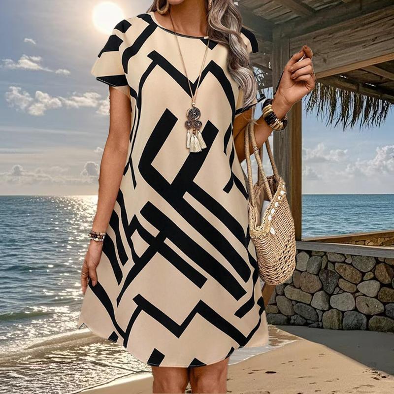 Женская мода Изящный Ретро Принт Летнее Весеннее Платье с Коротким Рукавом и Круглым Вырезом Повседневные Платья
