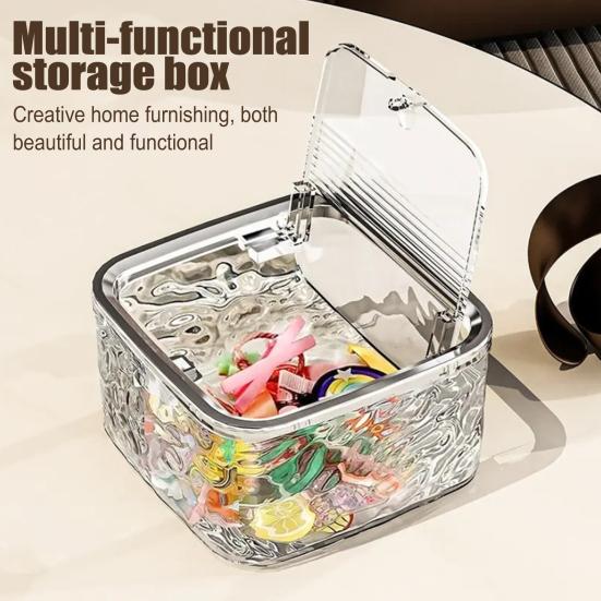 Transparent Desktop Bin Hair Accessories Case Water Ripple Jewelry Organizer with Press Open Lid Storage Box for Dressing Table Office