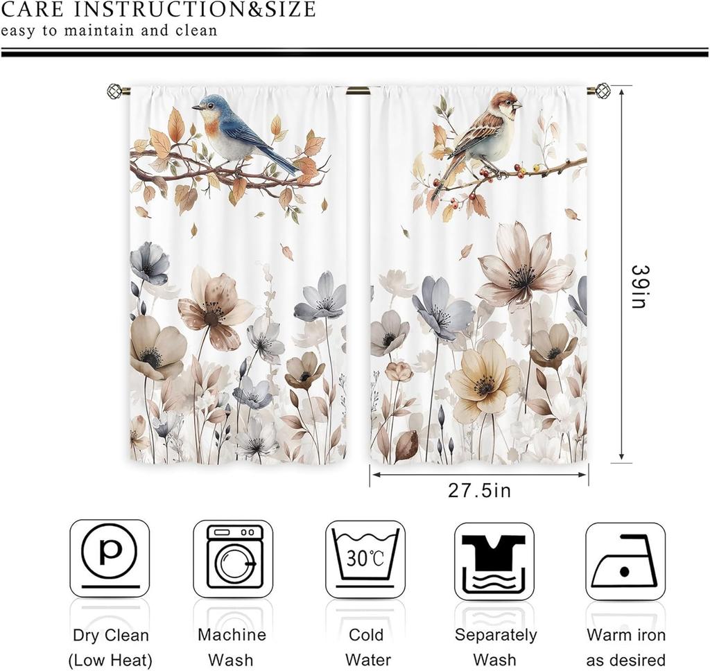 Bird and Flower Curtains Artistic Nature Print for Living Room Window Elegant Decor