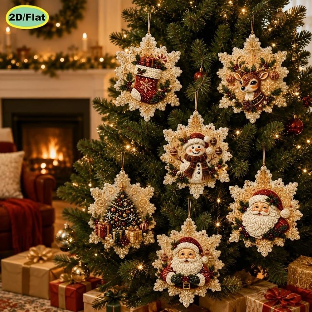 6Pcs Wooden Base Wooden Christmas Ornaments Set Vintage Print Xmas Tree DIY Craft Kit Holiday Party