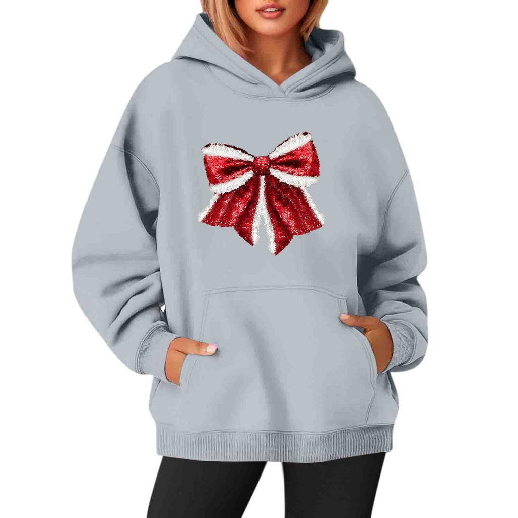 Women's Sweatshirts O-neck Long Sleeve Christmas Printed Top Solid Color Hoodie