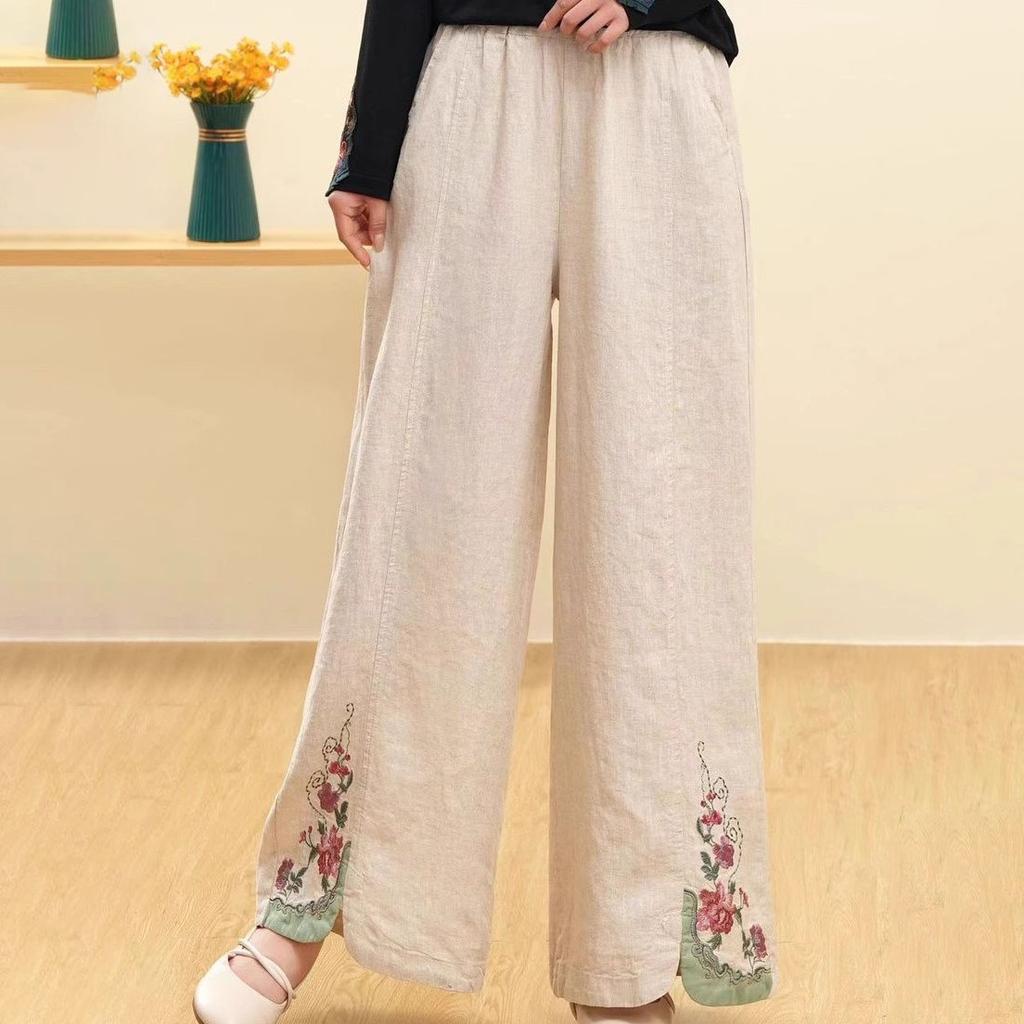 Retro Chinese Style Elastic Waist Loose Cotton Linen Pants with Heavy Embroidered Wide Leg Pants for Women