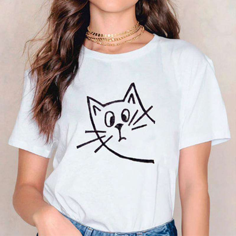 Fashion Women Black Cat Print T Shirt Funny Casual O-neck Short Sleeves T-shirt Summer Female Tee Shirt