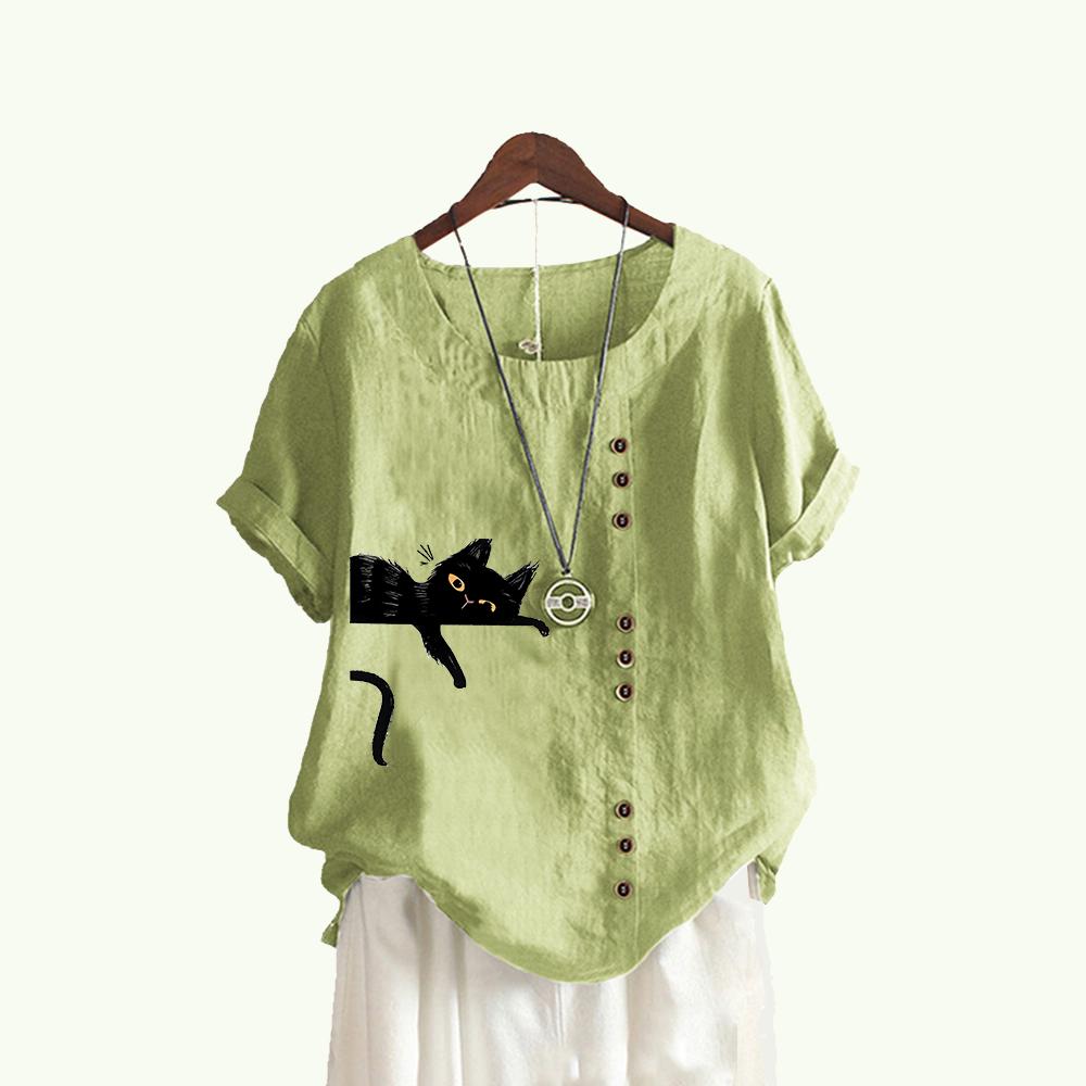 Женские модные блузки с короткими рукавами, летний повседневный пуловер, свободный топ с круглым воротником, хлопково-льняная футболка с принтом кота