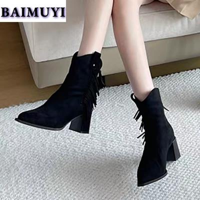 Сексуальные ботильоны с острым носком и бахромой, женские туфли на высоком каблуке, тренд 2025 года, дизайнерские замшевые ботинки челси на молнии, туфли-лодочки Mujer Botas