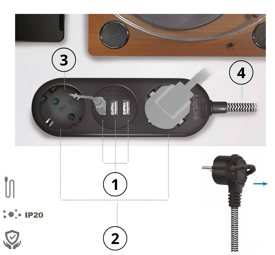 2-way power strip, 2x CEE 7/3 + 3x USB-A, textile cable, black