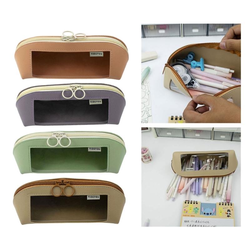 Leather Pencil Case Large Compartment Pencil Bag Water Resistant Clear Pen Pouches Pen Organizers Bag for Student Adult