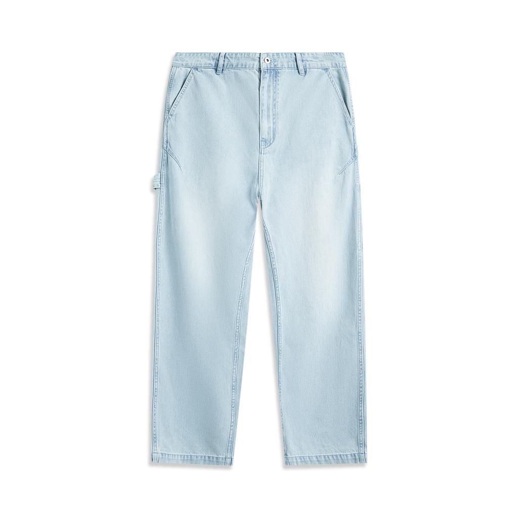 Li Ning Sports Lifestyle Series American Vintage Casual Simple Solid Color Early Spring Прямые джинсы мужские джинсы с эффектом потертости синего цвета AJQV005-2