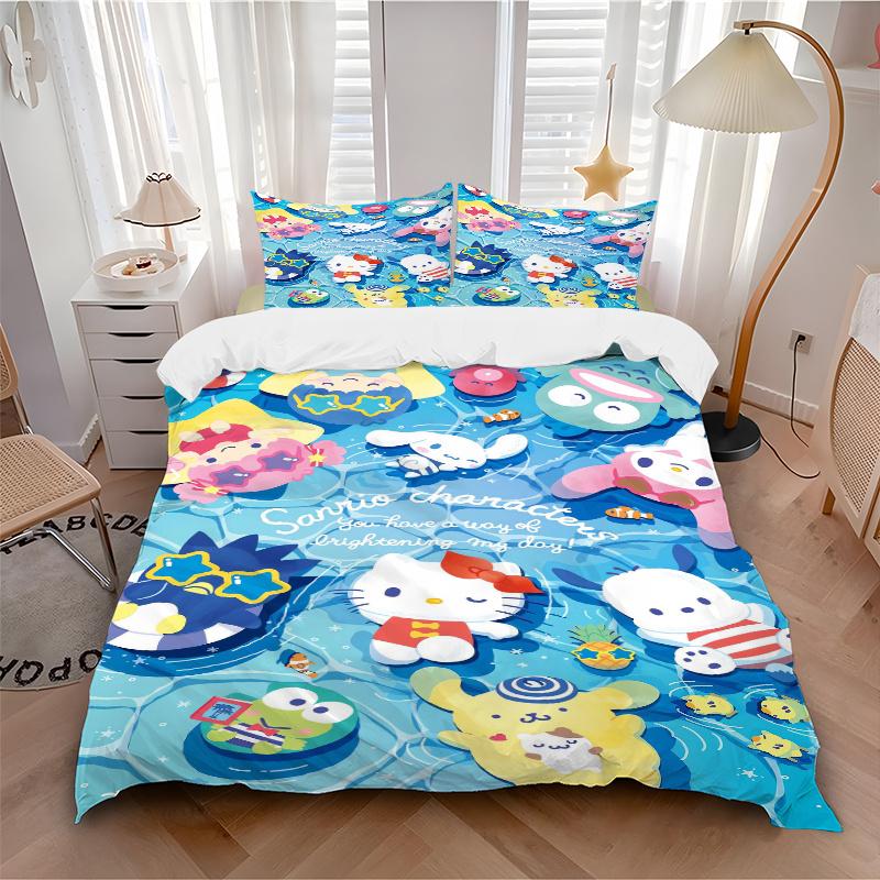 3pcs Sanrio Characters Swimming Bedding Set Includes 1 Quilt Cover and 2 Pillowcases, Comfortable Bedding with Stylish Design for Bedroom W093