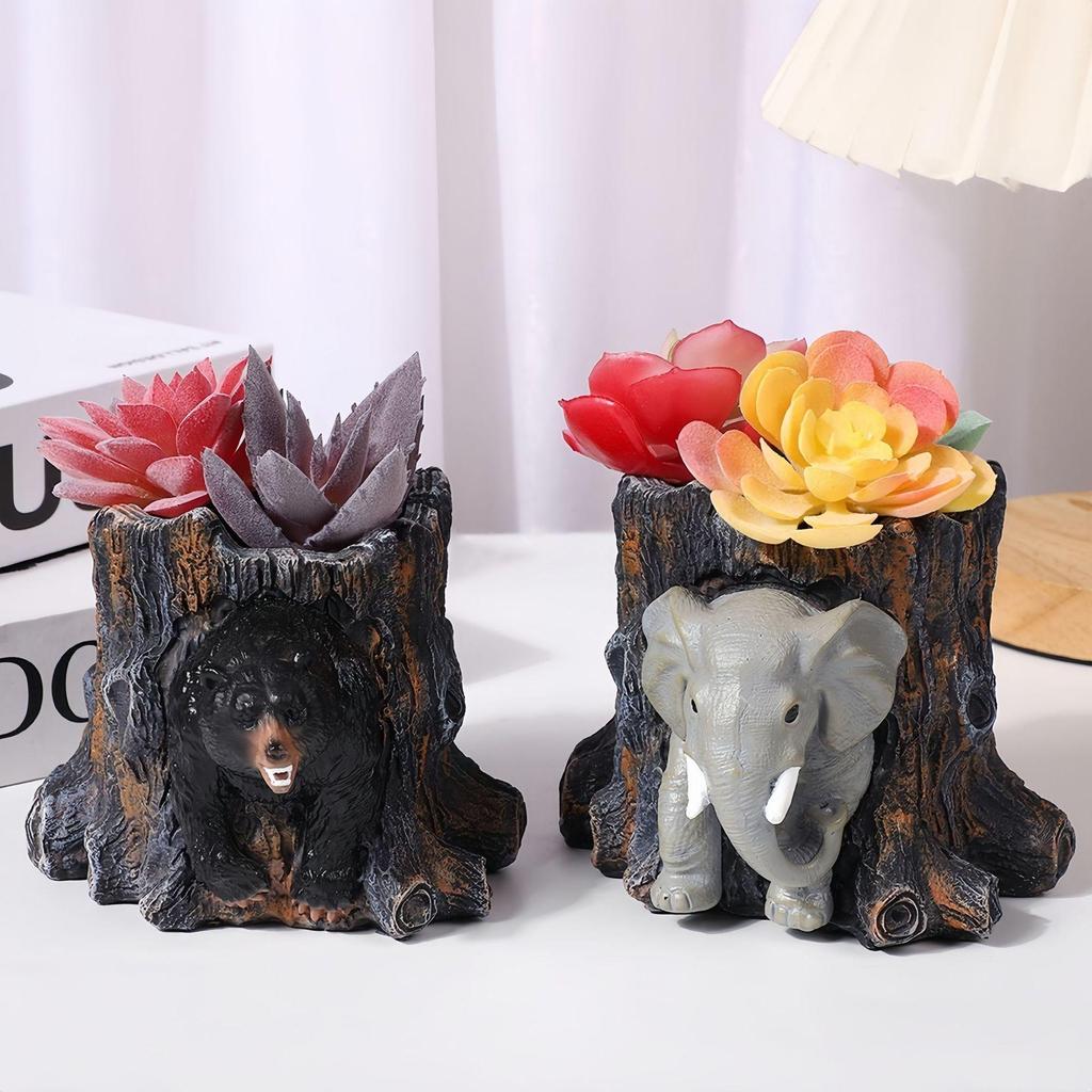 Creative Elephant and Bear Tree Stump Resin Flower Pot for Balcony