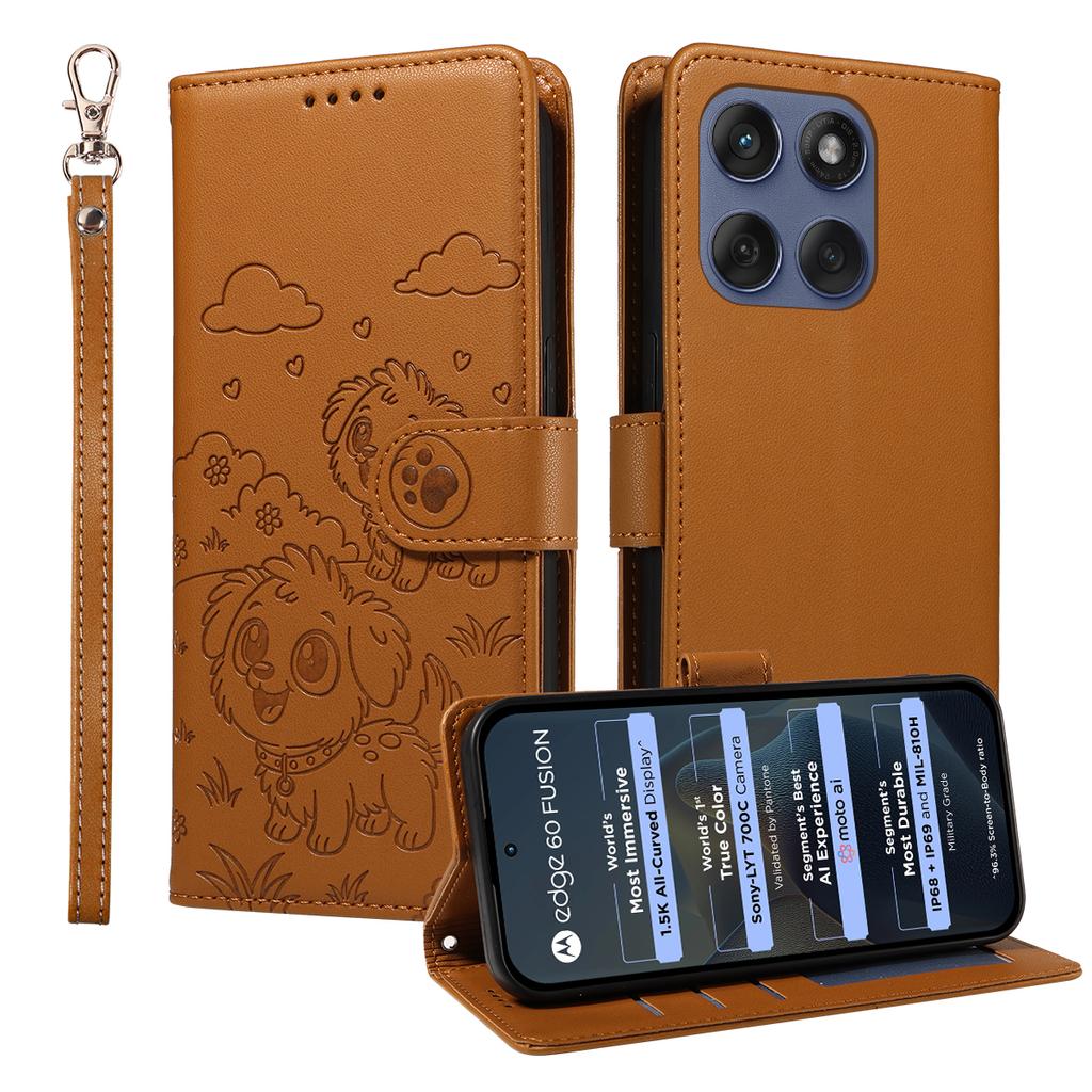 For Motorola Edge 60 5G/60 Pro 5G/60 Fusion 5G Case RFID Blocking Imprint Dog Pattern PU Leather Phone Cover with Wrist Strap