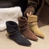 Korean Version of Pointed Suede Short Boots for Women's 2025 Autumn and Winter New Heightened Pleated Two-wear Niche-covered Ancient Western Stacking