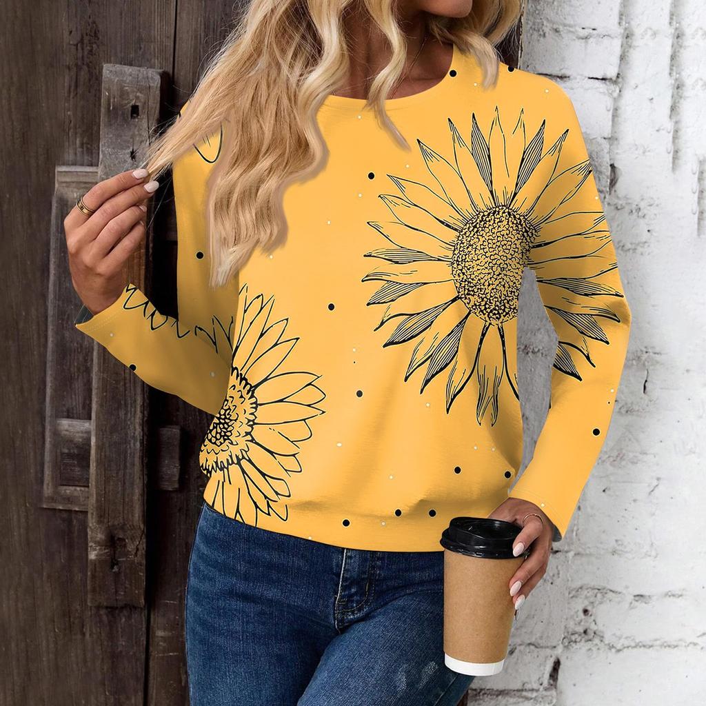 Women's Fashionable Casual Long Sleeved Printed Off Shoulder Round Neck Top