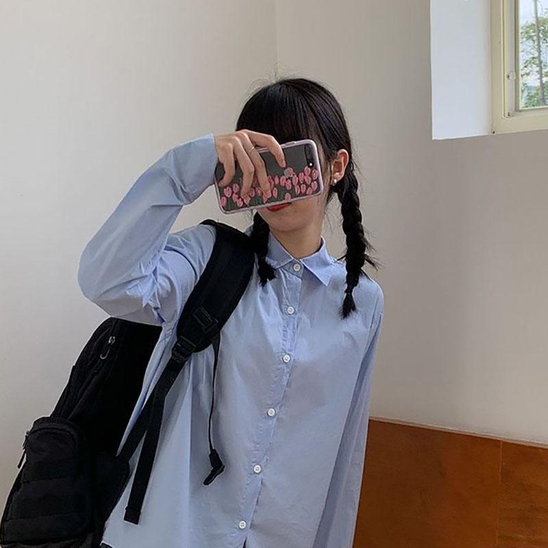 Женская однотонная рубашка, свободная блузка с длинными рукавами, рубашка с длинными рукавами в гонконгском стиле, летняя рубашка, модная одежда для девочек