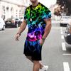 The Latest Men's Casual and Fashionable Round Neck T-shirt Set Summer 3D Flame Splicing Shorts Short Sleeved Two-piece Set