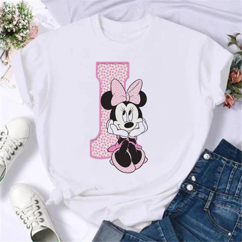 Kawaii Ladies Tees Disney Cartoon Mickey Mouse Letter Minnie T-shirt White Short-sleeved Women 90S Tops Summer Loose Blouse