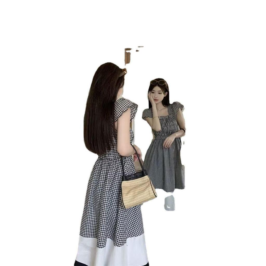 Women's Summer 2023 Plaid A-Line Dress with Contrast Color and Short Flutter Sleeves