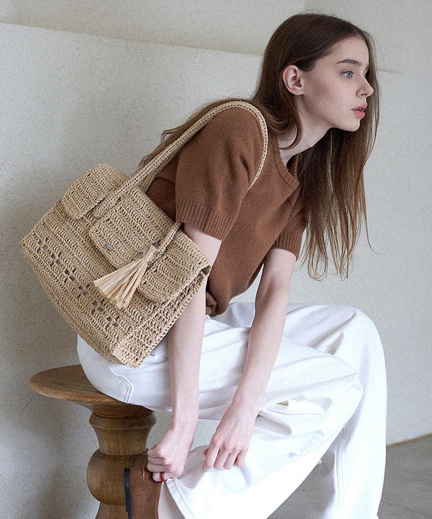 Slowslowly Lily Handmade Crochet Raffia Hermetic Shoulder Bag (+Gift Tassel Keyring Included) _ Natural Beige