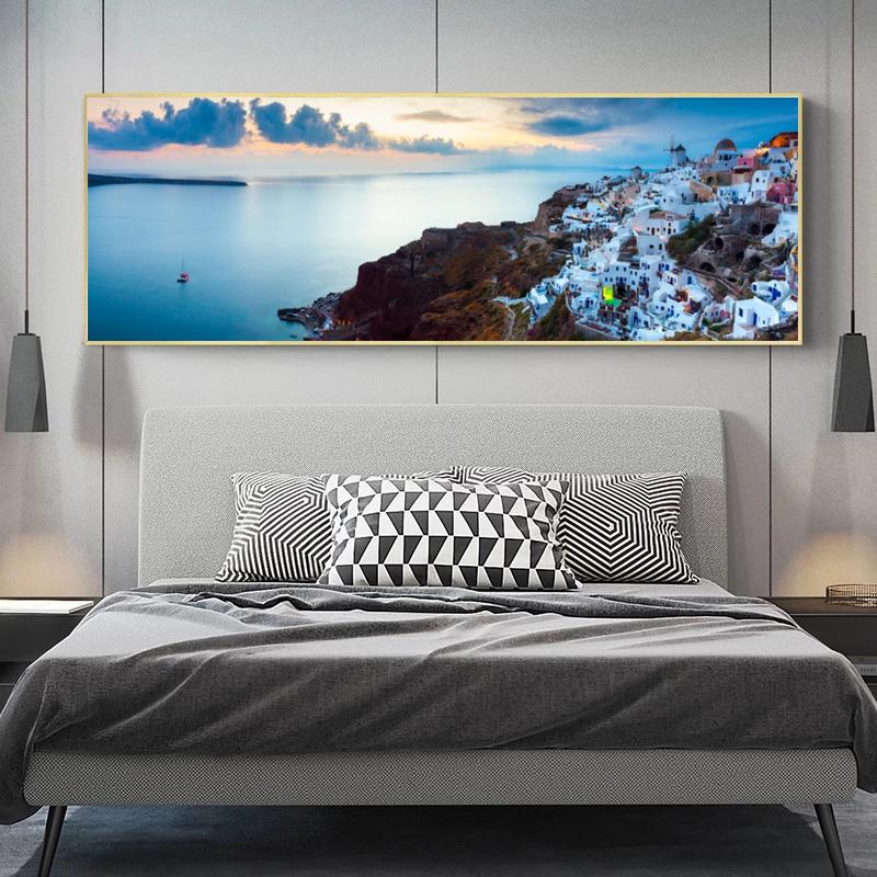 Greek Village Posters Santorini Landscape Painting Canvas Prints Wall Art Pictures for Living Room Sunset Sea Cuadro No Frame
