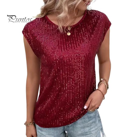 Женская футболка с круглым вырезом без рукавов свободного кроя футболка с блестящими пайетками повседневные футболки стандартного кроя топ повседневная одежда
