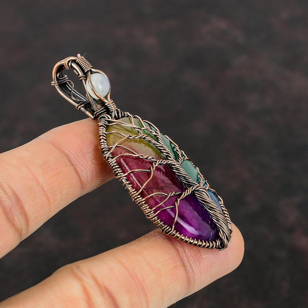 Tree Of Life Rainbow Solar Quartz Druzy Pendant Copper Wire Wrapped Pendant Moonstone Pendant Real Gemstone Pendant Handmade Copper Jewelry