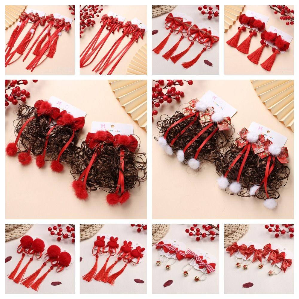 2 шт. кисточка детский парик шпилька китайский стиль красный бант заколка детский бант парик новогодний праздничный