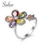 SODROV Rainbow Crystal Jewelry Colorful Zircon Flower Rings for Women Open Ring
