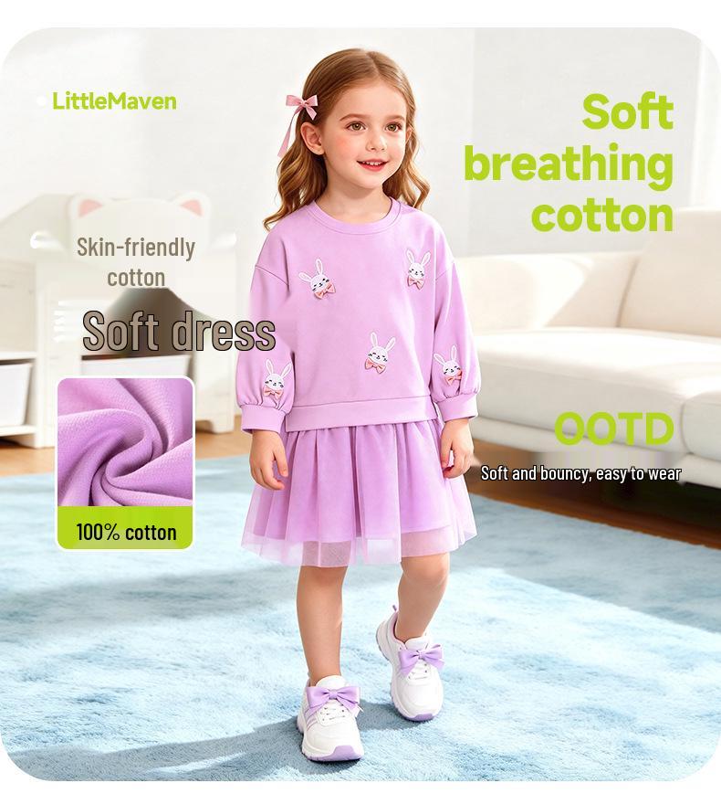 Длинное сетчатое платье Little Maven для девочек с длинным рукавом и кроликами - Осенний европейский и американский стиль