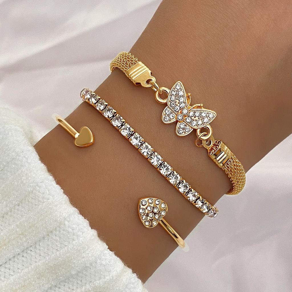 3pcs Love Opening Temperament Drill Bracelet Design Creative Retro Simple Bracelet for Women New Style Butterfly Bracelet