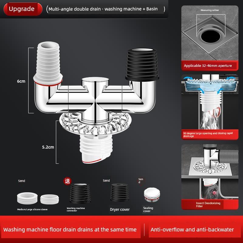 Downcomer Three-Head through Washing Machine Drain-Pipe Tee Split Floor Drain Water Flow Device One Divided into Two Type Joint Port Docking Device