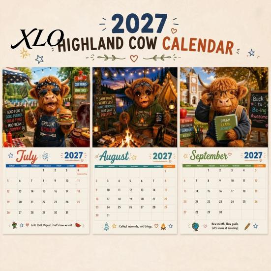 Paper Monthly Wall Planner 2027 Funny Highland Cow Calendar, Cute Farm Animal 12 Month Decorative for Home Scottish Hanging Rustic Decor Art