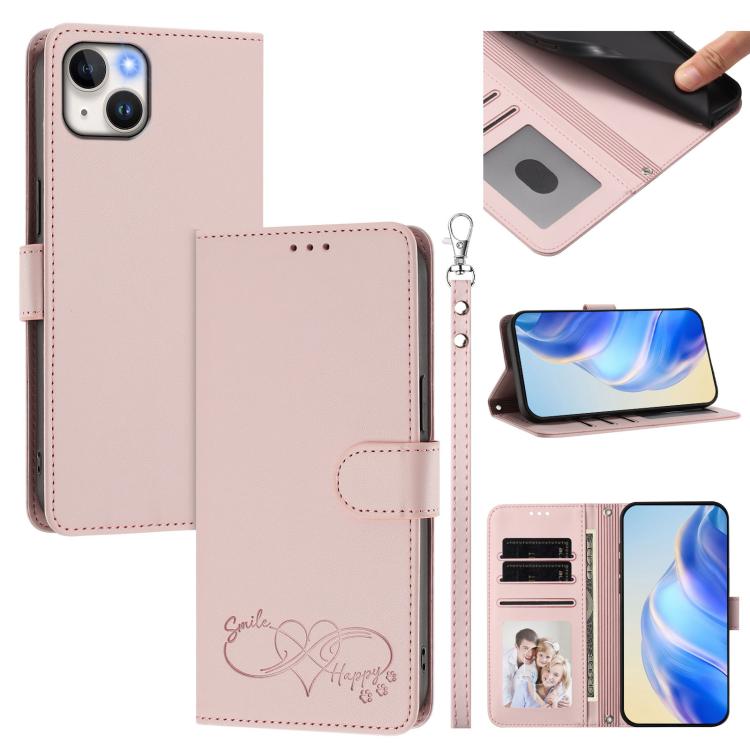 Happy Heart Pattern Magnetic Closure Vegan Leather Phone Case With Wrist Strap For iPhone Shockproof Protective Cover