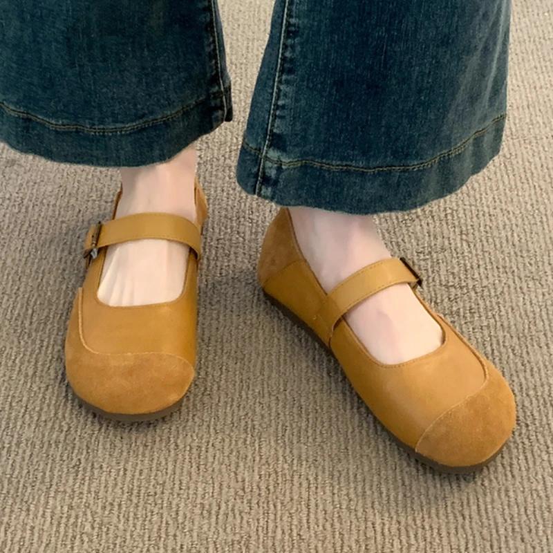 2024 Модная обувь для женщин с пряжкой, женские балетки, весна-осень, круглый носок, твердая подошва, повседневные удобные балетки, неглубокие туфли